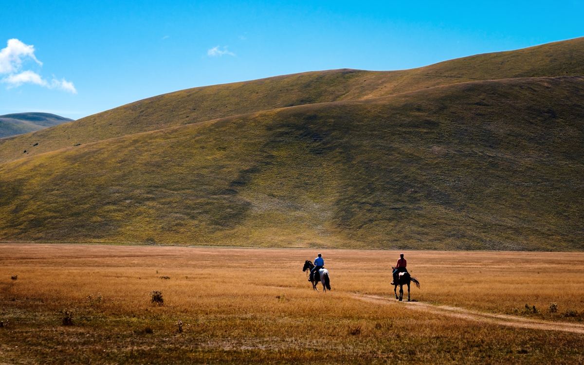 Riders on horseback crossing an open grassland
