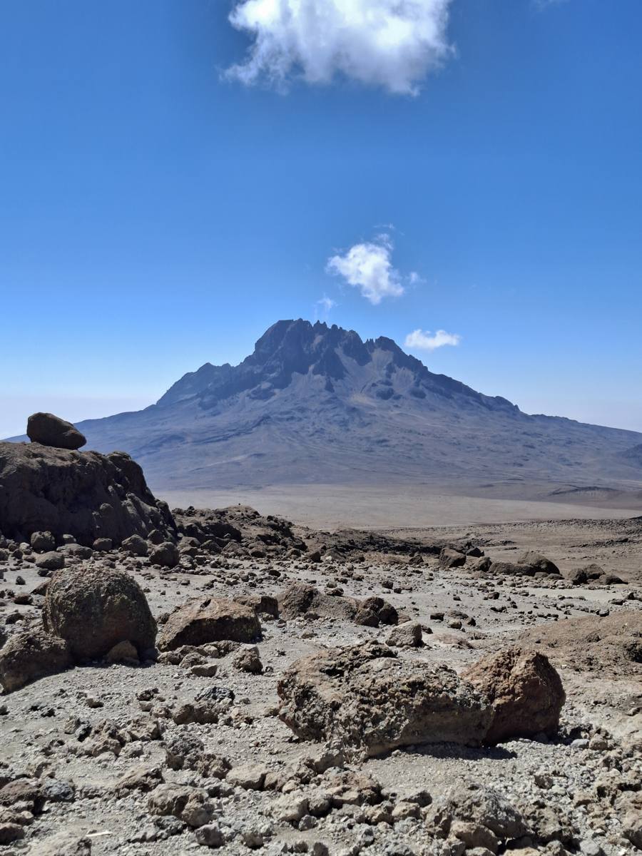 Mawenzi Peak in full daylight under a blue sky with two small clouds, seen across the boulder-strewn saddle from the Kibo side, a tiny climber visible far out on the saddle for scale